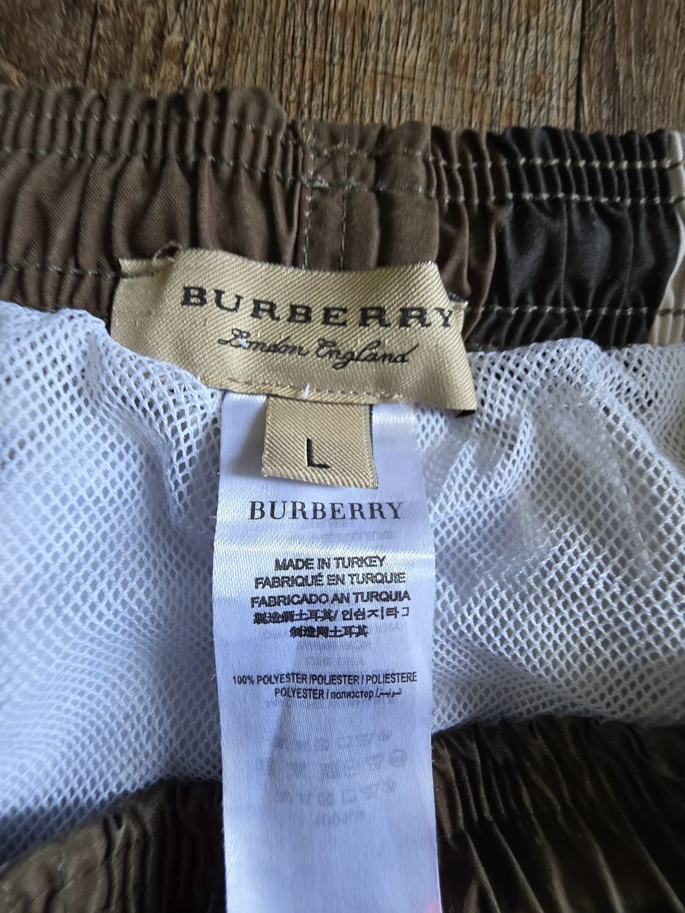 Burberry Olive and White Check Swim Trunks Large